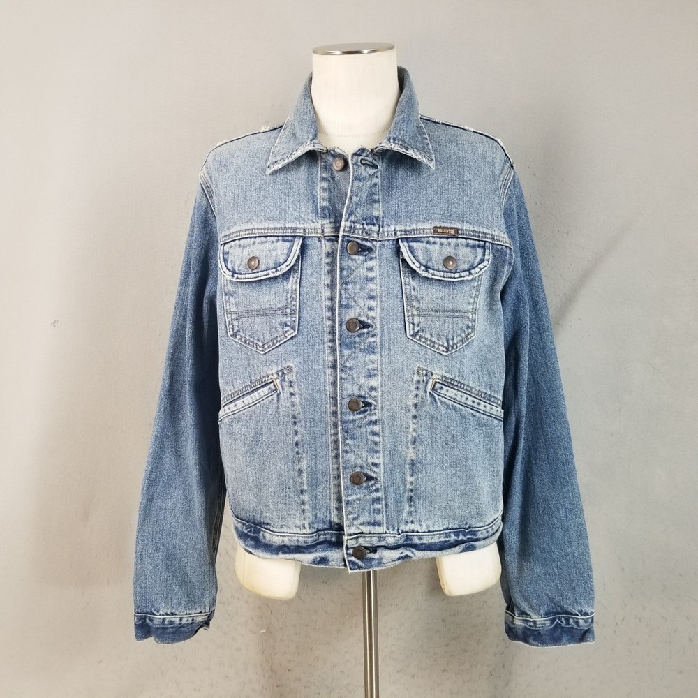Hollister Denim Jacket Women XL Blue California Denim Trucker Distressed Cotton